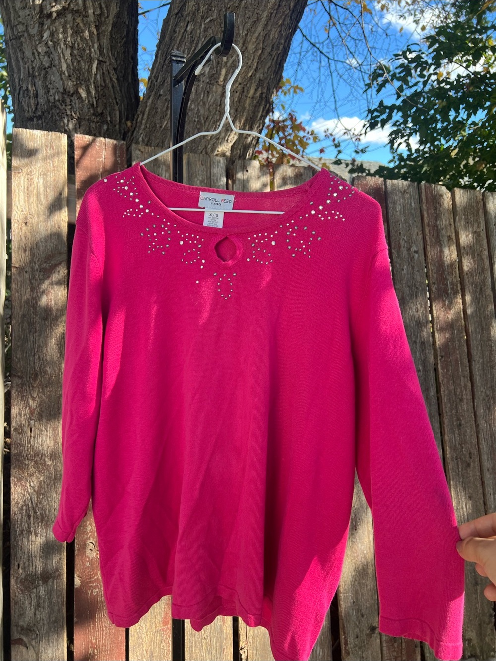 Carroll Reed Hot Pink Long Sleeve Sweater with Rhinestone Accent